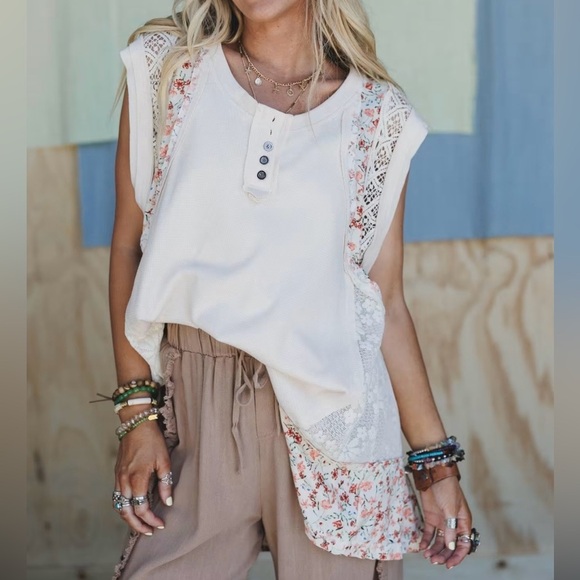 POL Tops - POL | NWT Sunlit Blooms Floral Lace Patchwork Oversized Tunic Top Blouse Shirt S